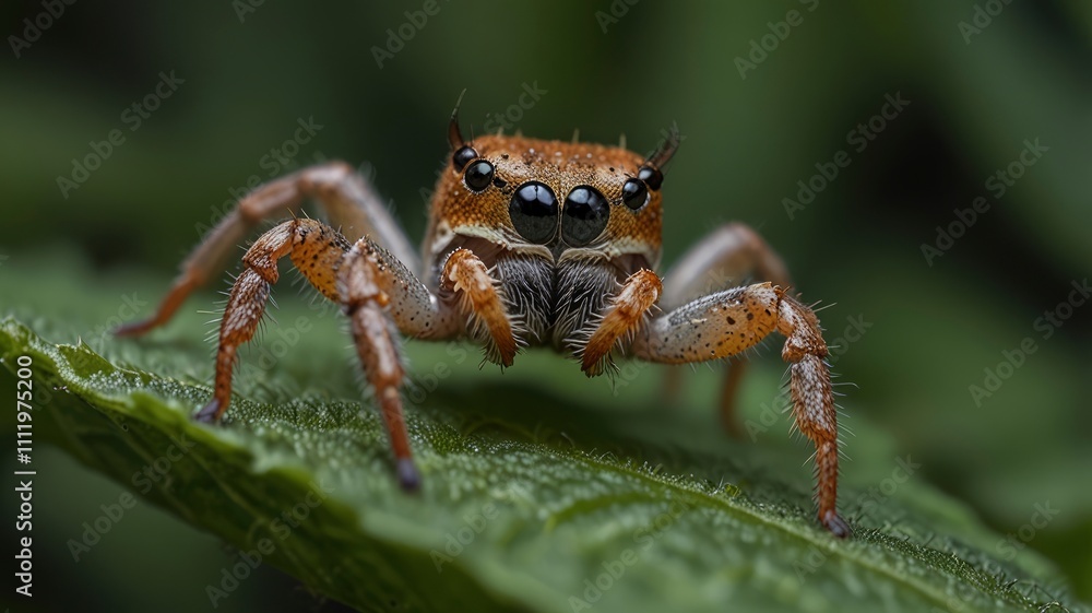 Closeup of a small crab spider, Xysticus sitting in a green nettle leaf Closeup of a small crab spider, Xysticus sitting in a green nettle leaf