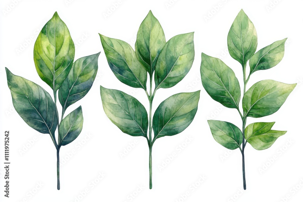 A watercolor illustration of three green leaf branches showcasing natural beauty. A watercolor illustration of three green leaf branches showcasing natural beauty.