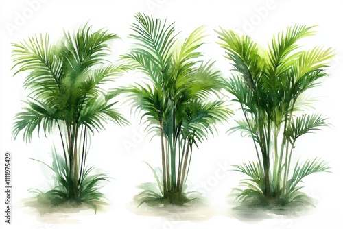 A watercolor illustration of three lush green palm plants.