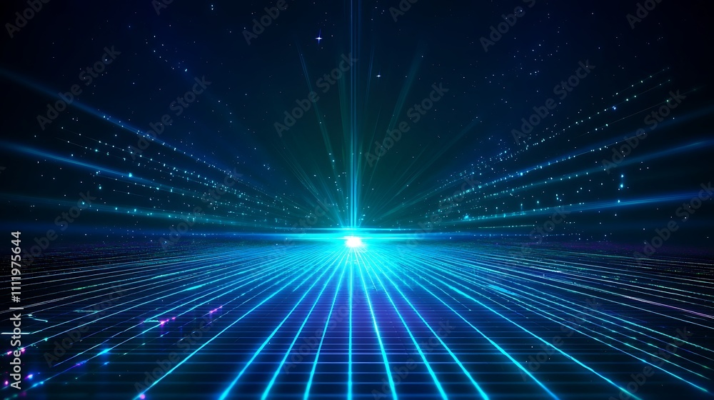 Futuristic Blue Light Rays over a Grid with Sparkling Stars in a Digital Ambient Space Futuristic Blue Light Rays over a Grid with Sparkling Stars in a Digital Ambient Space