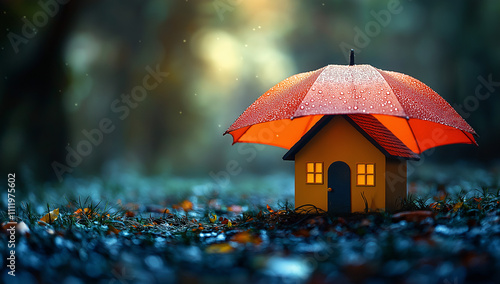 Close-up of a small house under an umbrella a home protection concept with a bokeh background