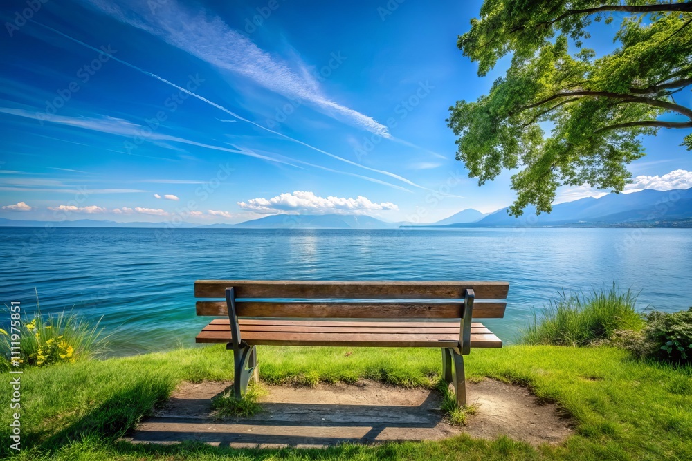Serene Swiss Bench Overlooking the Tranquil Sea View Amidst Nature's Splendor in Minimalist Photography Serene Swiss Bench Overlooking the Tranquil Sea View Amidst Nature's Splendor in Minimalist Photography