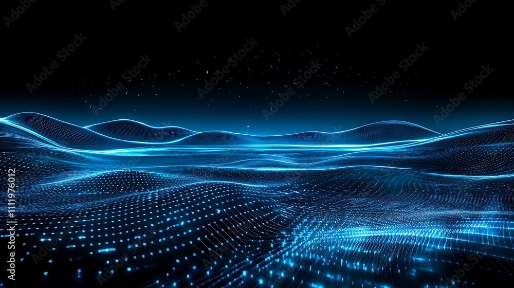 Futuristic Blue Wave Landscape with Flowing Lines, Digital Particles, and Starry Sky Background Futuristic Blue Wave Landscape with Flowing Lines, Digital Particles, and Starry Sky Background
