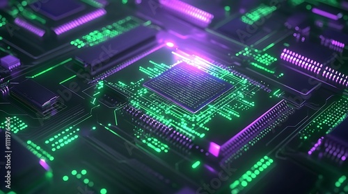 Wallpaper Mural Futuristic Circuit Board with Glowing Purple Green Lights in a High-Tech Digital Environment Torontodigital.ca