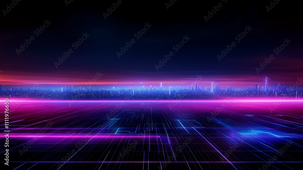 Futuristic Cityscape at Dusk with Neon Lights and Digital Grid Pattern on Ground in a Vibrant Atmosphere Futuristic Cityscape at Dusk with Neon Lights and Digital Grid Pattern on Ground in a Vibrant Atmosphere