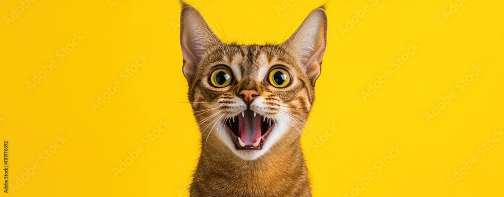 Surprised striped cat against a bright yellow background. AI generated image Surprised striped cat against a bright yellow background. AI generated image