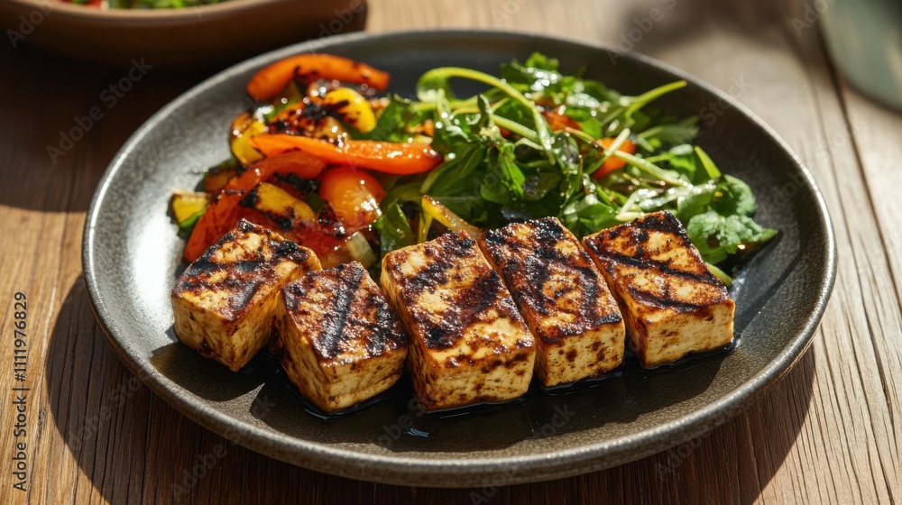 A plate of grilled tofu and vegetables, placed elegantly on a wooden table, Generative AI A plate of grilled tofu and vegetables, placed elegantly on a wooden table, Generative AI