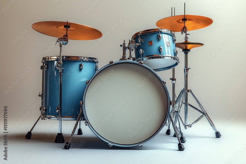 Blue drum kit, three-piece drum set, music instrument, studio lighting. Blue drum kit, three-piece drum set, music instrument, studio lighting.