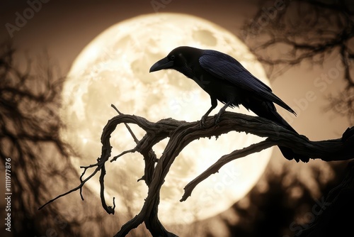 A raven perched on a branch against a large, luminous full moon.