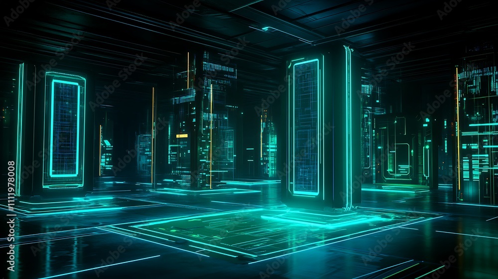 Futuristic Data Center with Neon Lights and High-Tech Elements in a Modern Digital Environment Futuristic Data Center with Neon Lights and High-Tech Elements in a Modern Digital Environment
