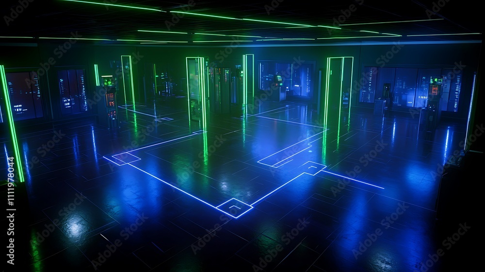 Futuristic Data Center with Neon Lights and Digital Technology in a Modern Environment Futuristic Data Center with Neon Lights and Digital Technology in a Modern Environment