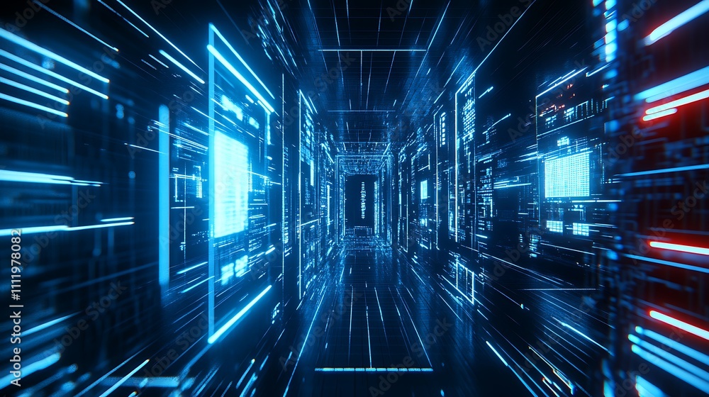 Futuristic Data Flow in Abstract Digital Environment with Neon Light Trails and Motion Blur Effects Futuristic Data Flow in Abstract Digital Environment with Neon Light Trails and Motion Blur Effects