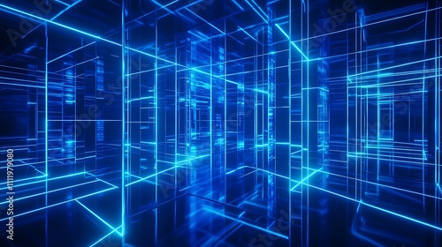 Futuristic Digital Corridor with Neon Blue Lines and Glowing Effects in a High-Tech Environment