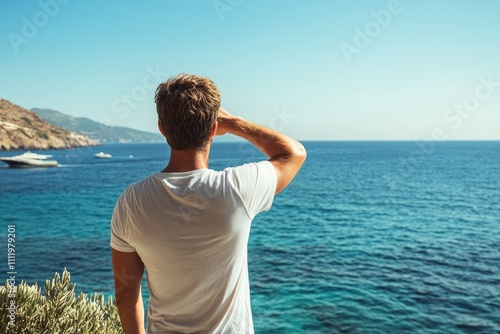 A man gazes at the serene turquoise sea from a coastal cliff  enjoying a summer's day. photo