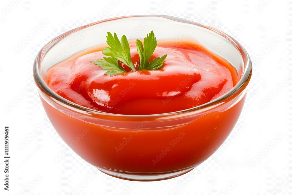 Fresh tomato ketchup in glass bowl with parsley garnish, isolated on white background Fresh tomato ketchup in glass bowl with parsley garnish, isolated on white background