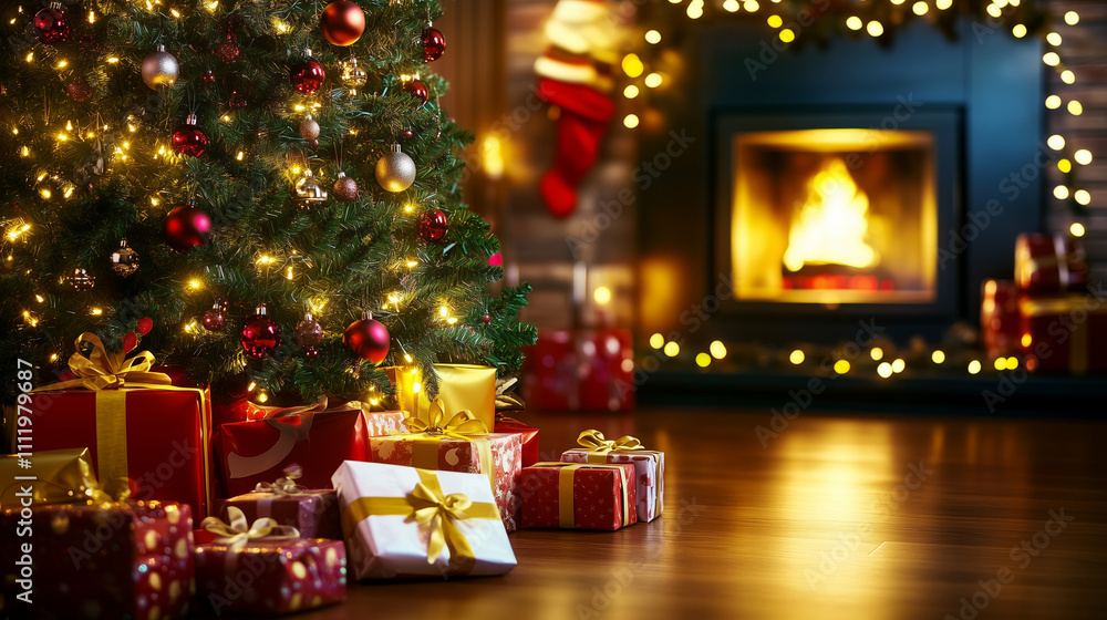 A cozy Christmas scene featuring a beautifully decorated tree and a pile of wrapped gifts illuminated by the warm glow of a fireplace. The dark, intimate setting and soft bokeh lights create a festive A cozy Christmas scene featuring a beautifully decorated tree and a pile of wrapped gifts illuminated by the warm glow of a fireplace. The dark, intimate setting and soft bokeh lights create a festive