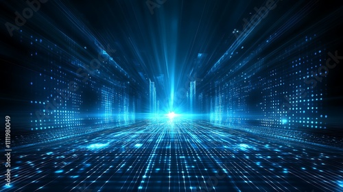 Futuristic Digital Landscape with Bright Light Rays and Glowing Grid Patterns in a High-Tech Environment