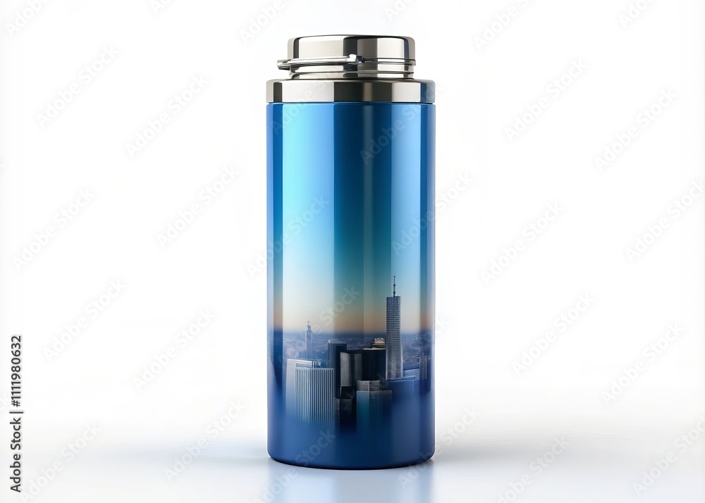 Stylish Blue Gradient Travel Flask Mockup for Hot or Cold Beverages - Perfect for Branding and Marketing in Urban Exploration Photography Stylish Blue Gradient Travel Flask Mockup for Hot or Cold Beverages - Perfect for Branding and Marketing in Urban Exploration Photography