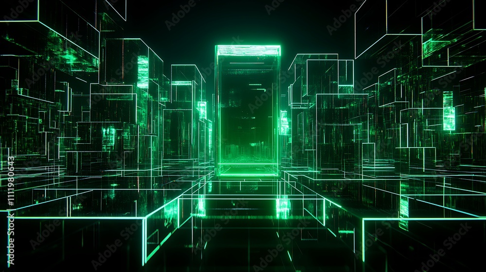 Futuristic Digital Landscape with Glowing Green Structures and Abstract Geometric Forms in Dark Space Futuristic Digital Landscape with Glowing Green Structures and Abstract Geometric Forms in Dark Space