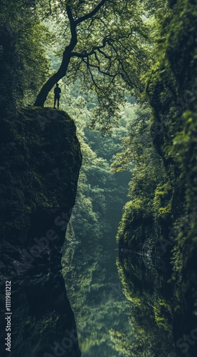 Solitary figure overlooking lush green gorge.