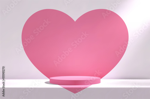 3d pink podium in white empty room with table and heart.