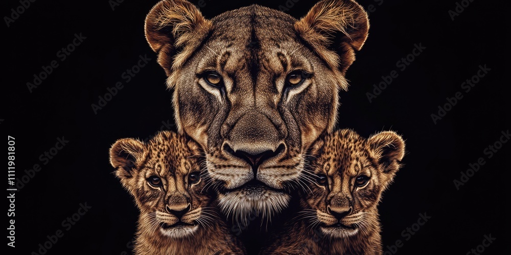Mother Lion with Two Cubs Mother Lion with Two Cubs