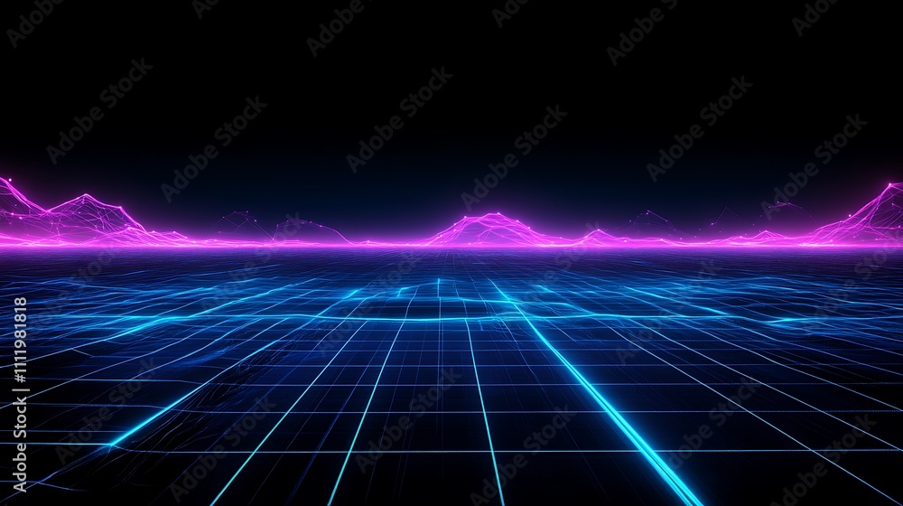 Futuristic Digital Landscape with Neon Blue and Pink Colors, Abstract Grid and Mountain Range in the Background Futuristic Digital Landscape with Neon Blue and Pink Colors, Abstract Grid and Mountain Range in the Background