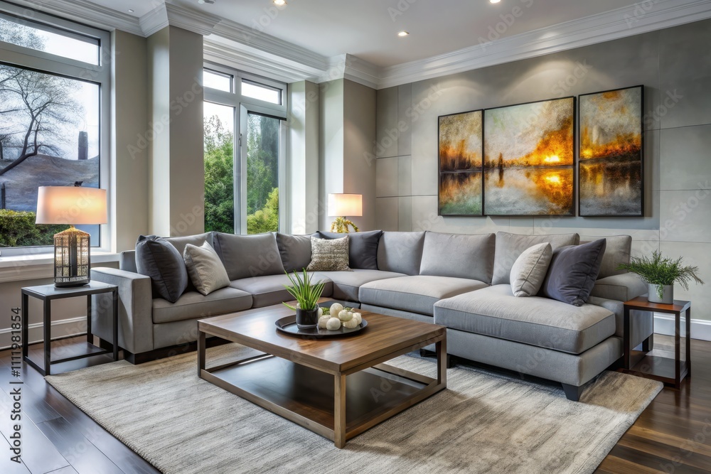 Fototapeta premium Stylish Transitional Living Room with Minimalist Aesthetic Featuring Gray Sectional, Sleek Coffee Table, and Abstract Painting Over the Fireplace in a Cozy Atmosphere