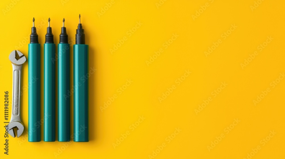 Battery replacement and tools, A vibrant yellow background features four teal pens and a silver wrench, creating a striking contrast and artistic arrangement. Battery replacement and tools, A vibrant yellow background features four teal pens and a silver wrench, creating a striking contrast and artistic arrangement.