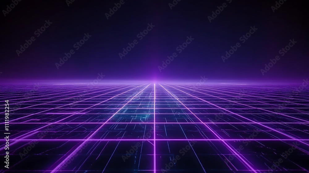 Futuristic Digital Landscape with Neon Grid and Purple Light Horizon in a Dark Space Environment Futuristic Digital Landscape with Neon Grid and Purple Light Horizon in a Dark Space Environment