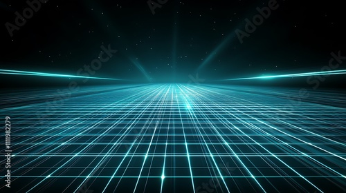 Futuristic Digital Landscape with Neon Grid and Radiant Light Beams in Cosmic Background