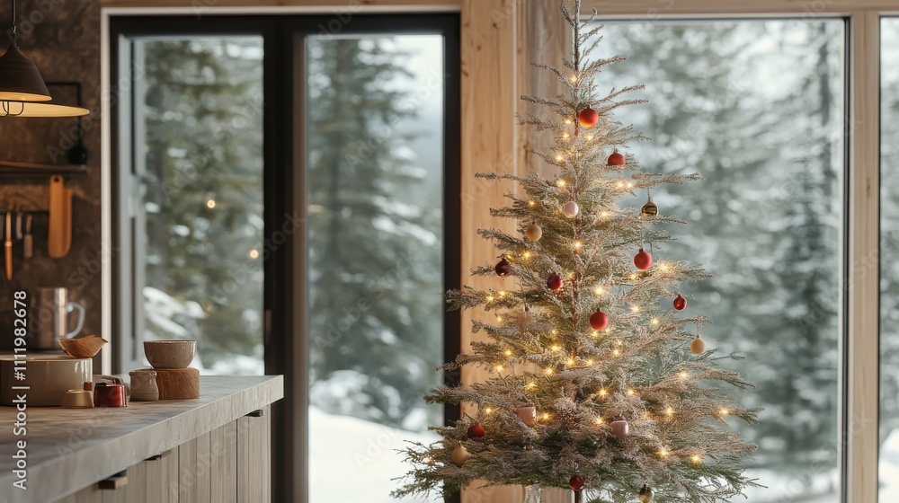 Cozy Christmas Tree in a Winter Cabin Setting Cozy Christmas Tree in a Winter Cabin Setting