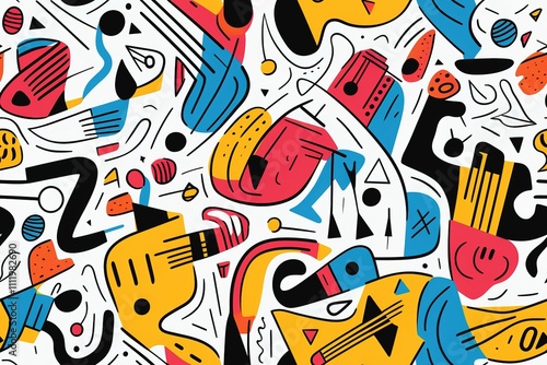 Jazz live music seamless pattern. Repeated musical instruments, comic shapes, drums, piano, trombone and saxophone, Decor textile, wrapping paper, wallpaper. Tidy vector background 