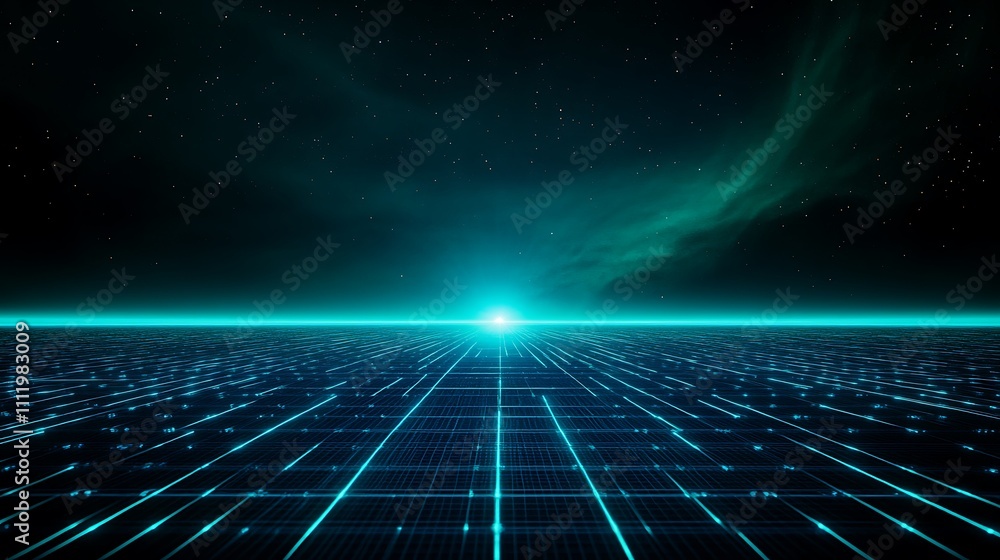 Futuristic Digital Landscape with Neon Lights and Depth Perception in Space Environment Futuristic Digital Landscape with Neon Lights and Depth Perception in Space Environment