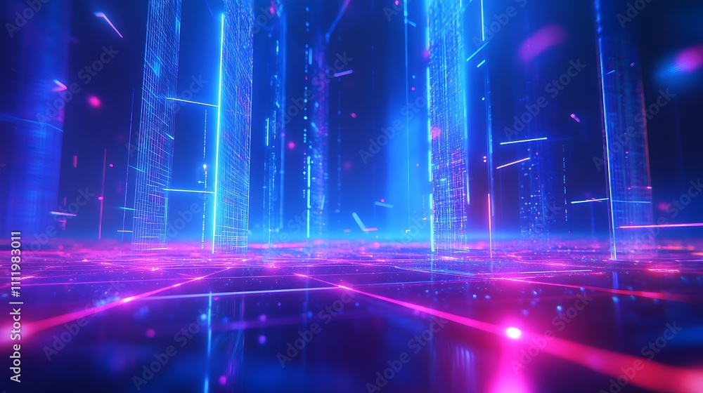 Obraz premium Futuristic Digital Landscape with Neon Lights and Glowing Grid in a Cyberpunk Style