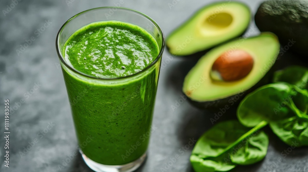 A glass of green smoothie with spinach and avocado, radiating health, isolated on a clean background, Generative AI A glass of green smoothie with spinach and avocado, radiating health, isolated on a clean background, Generative AI