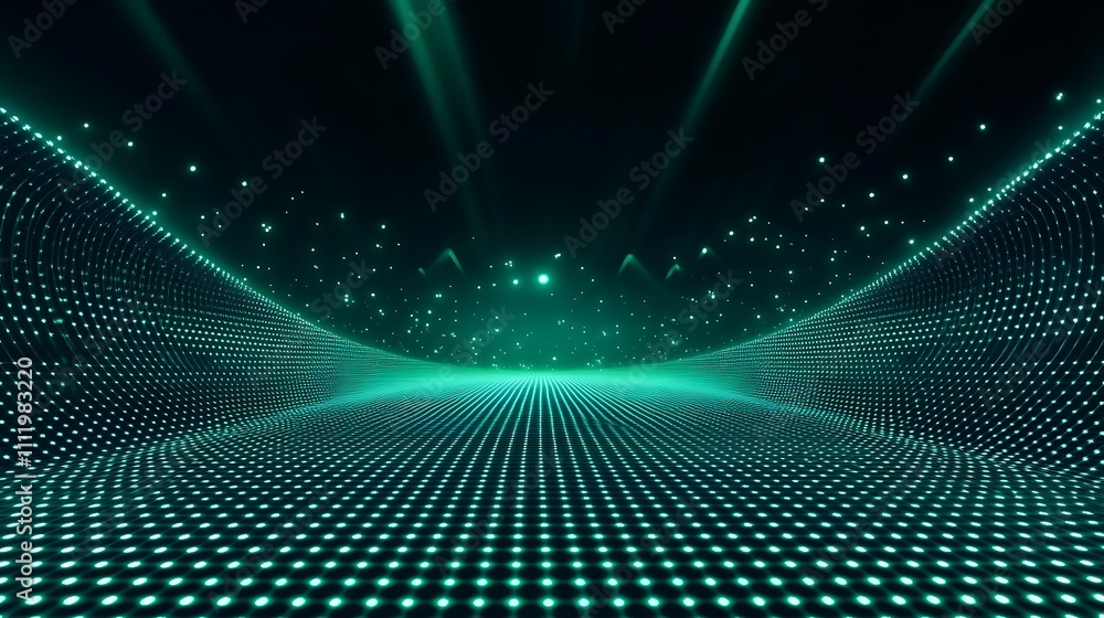 Obraz premium Futuristic Digital Landscape with Neon Lights and Grid Pattern in a Vibrant Green and Black Color Scheme