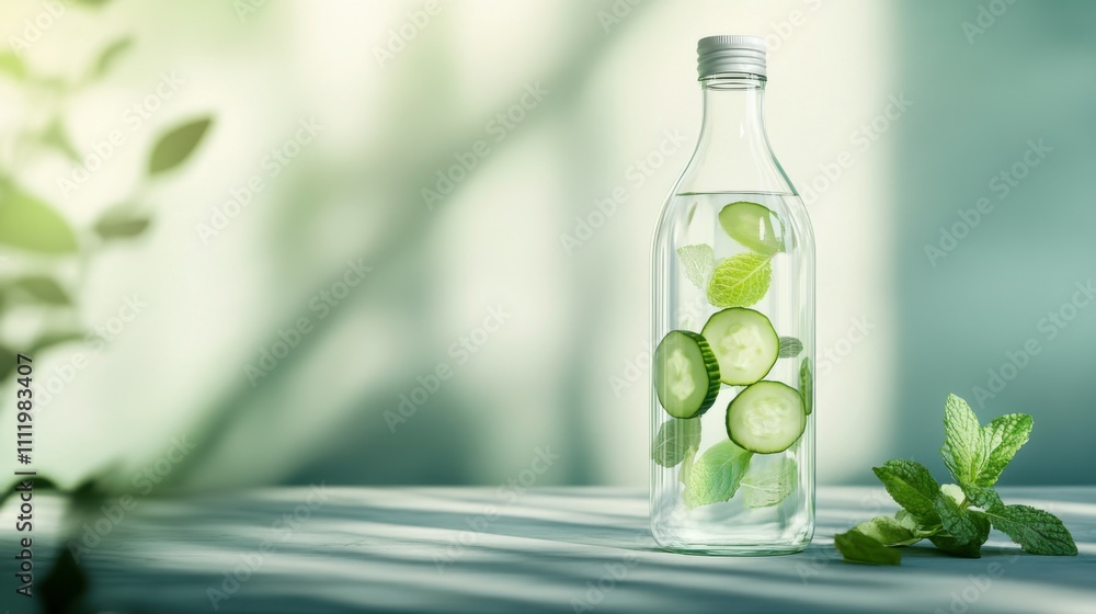 A bottle of fresh detox water with cucumber and mint floating inside, symbolizing a refreshing healthy drink, Generative AI A bottle of fresh detox water with cucumber and mint floating inside, symbolizing a refreshing healthy drink, Generative AI