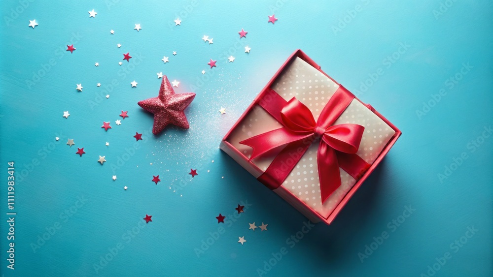 Top View of Valentine's Day Decorations Featuring an Open Empty Gift Box with Red Lid and Star Bow on Isolated Pastel Blue Background, Perfect for Romantic Celebrations Top View of Valentine's Day Decorations Featuring an Open Empty Gift Box with Red Lid and Star Bow on Isolated Pastel Blue Background, Perfect for Romantic Celebrations
