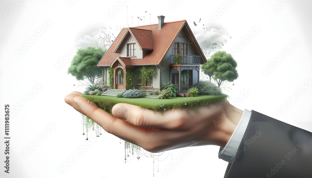 A hand holding a house model, isolated on a white background. Concept of real estate, investment, and home ownership. 3D Rendering A hand holding a house model, isolated on a white background. Concept of real estate, investment, and home ownership. 3D Rendering