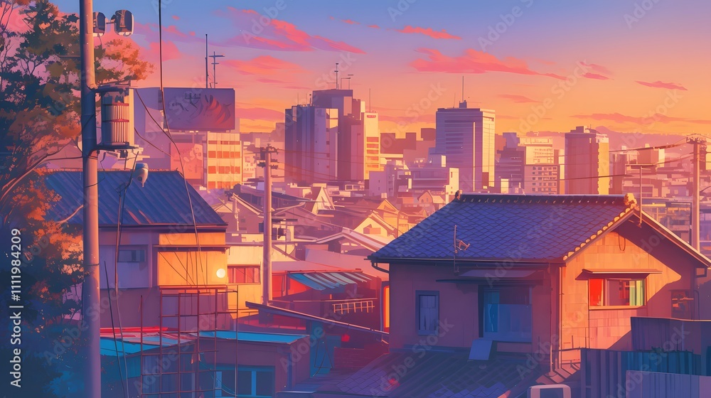 Cozy lofi-style Tokyo cityscape with homes and street ambiance at dusk Cozy lofi-style Tokyo cityscape with homes and street ambiance at dusk