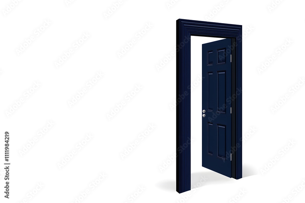 Open dark blue door with frame, isolated on white background, modern interior design, entrance Open dark blue door with frame, isolated on white background, modern interior design, entrance