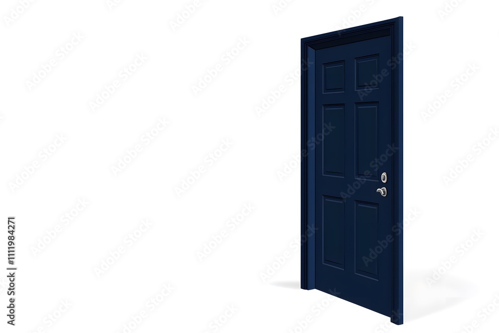 Open dark blue door with frame, isolated on white background, modern interior design, entrance Open dark blue door with frame, isolated on white background, modern interior design, entrance