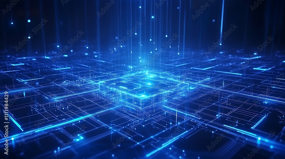 Fototapeta premium Futuristic Digital Network with Glowing Lines and Particles in a Dark Abstract Environment