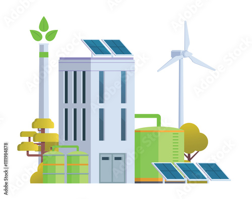 Green sustainable factory building vector illustration, flat style element for city and industry illustration.