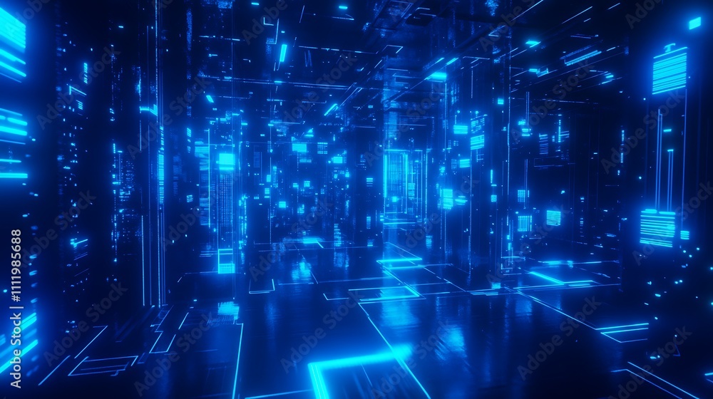 Futuristic glowing blue digital corridor in abstract virtual environment with luminous lines and reflections Futuristic glowing blue digital corridor in abstract virtual environment with luminous lines and reflections