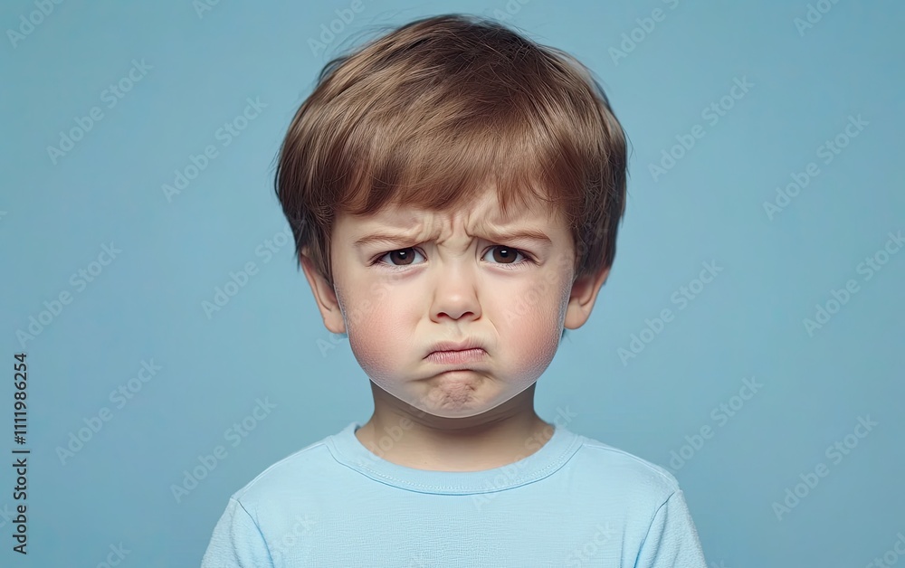 A cute toddler with an angry expression, looking at the camera against a blue background. A cute toddler with an angry expression, looking at the camera against a blue background.