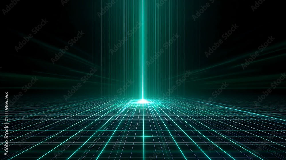 Futuristic Green Laser Beam in Dark Environment with Lines and Grids Creating Neon Glow Effect Futuristic Green Laser Beam in Dark Environment with Lines and Grids Creating Neon Glow Effect