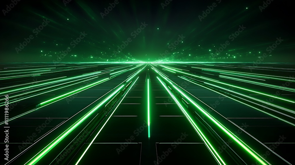 Fototapeta premium Futuristic Green Light Rays Exploding in Digital Space with Abstract Grid Background for Technology Visuals