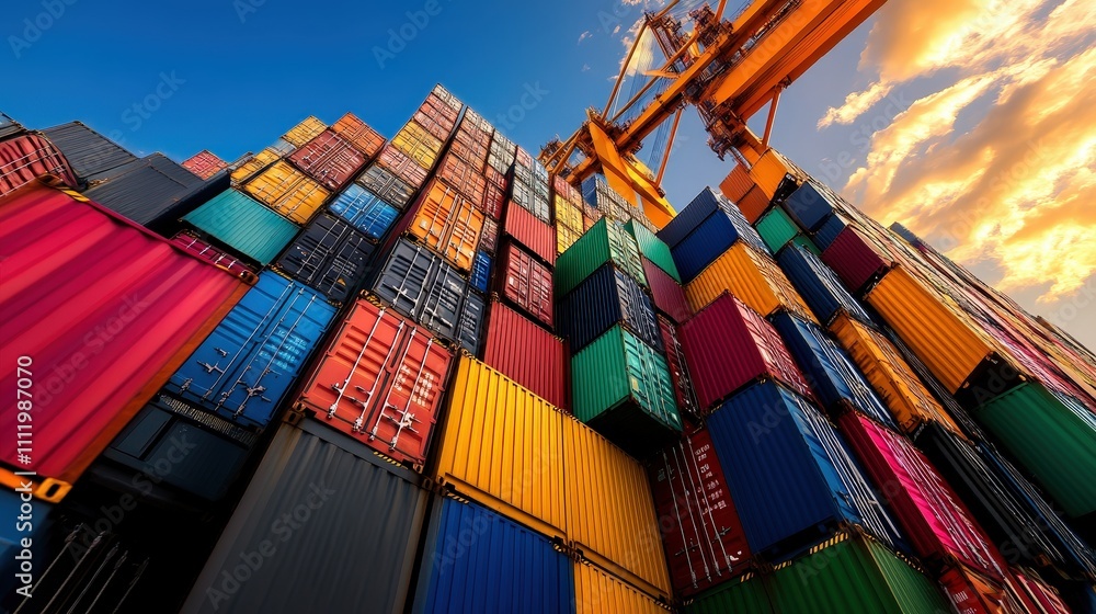 Fototapeta premium A stunning view of colorful shipping containers stacked at a port creates a vibrant urban landscape, showcasing the logistics and trade industry's dynamism.
